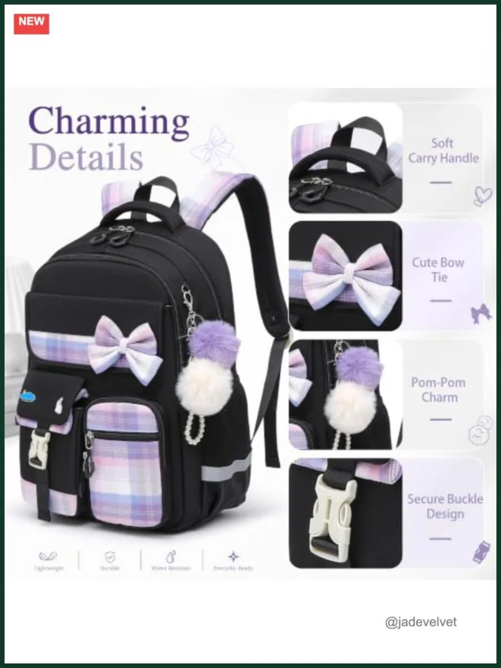 Preppy Plaid Bow Backpack with Pom Charms Lightweight School Bag